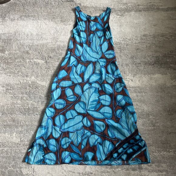 Benjamin A. Dress Womens 10 Vintage Maxi Sleeveless Brown Teal Y2K Silky 90 Leaf - Picture 3 of 3